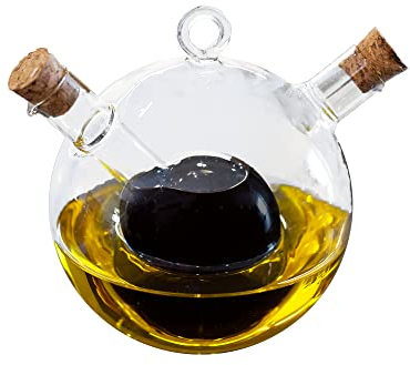 2 in 1 Oil & Vinegar Dispenser | Glass Bottle | Round Duo Olive Oil & Balsamic Vinegar Cruet Drizzler | Stylish Tabletop/Cookware Dispenser Bottle | M&W