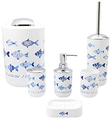 BM 4026 Set di Accessori da Bagno Bianco Blu Decorato Motivo Pesciolini, Accessori Bagno Completo 6 Pezzi, Dispenser, Portaspazzolino, Bicchiere, Portasaponetta, Portascopino, Pattumiera