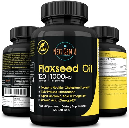 Flaxseed Oil Capsules - 1000 mg - 120 Vegan Soft Gels - High in Omega 3, 6, 9 - Cold Pressed Flax Seed Formula - 4 Months Supply - by NextGenU