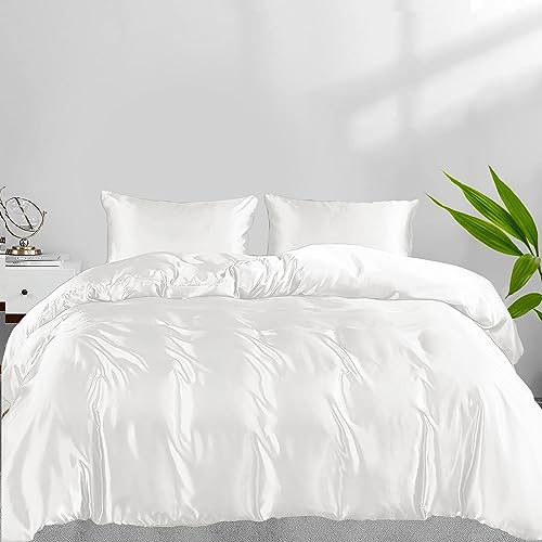 LINENWALAS 100% Organic Bamboo Single Duvet Cover Set, Silk Duvet Cover Sets for Single Size Bed 140x200 cm, Zipper Closure and Corner Ties, Soft, Cooling Bedding Set (Single, White)