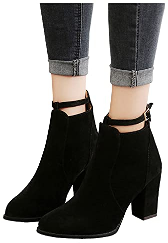 Binggong Damen Ankle Boots Stiefelette mit Absatz und Reisverschluß Kurze Stiefel Elegante Damenschuhe Flandell High Heels Stiefel Spitze Blockabsatz Chelsea Boots Pumps Halbstiefel Schwarz 42 EU