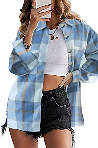 HVEPUO Damskjortjacka, rutig shacket, långärmad skjorta, blus, kappa, flanelljacka, B-blau, L