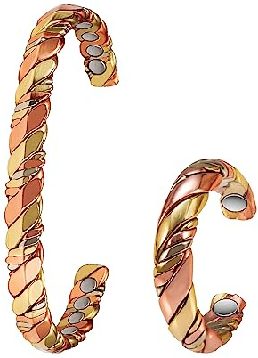 Set di gioielli in rame puro per la terapia magnetica dell'artrite, bracciale e anello per la terapia magnetica del drenaggio linfatico per alleviare l'artrite e l'emicrania (3500 gauss) (H)