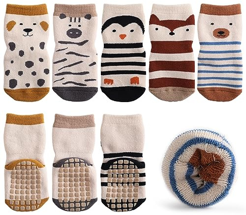 Calcetines Antideslizantes Bebé, Calcetines Invierno Otoño Niña Niño, Pequeños Calcetines Algodón con Agarre, Unisex Recién Nacido Animales Deportivos Calcetines Conjunto 1-3 Años Espesor C 5 Pares