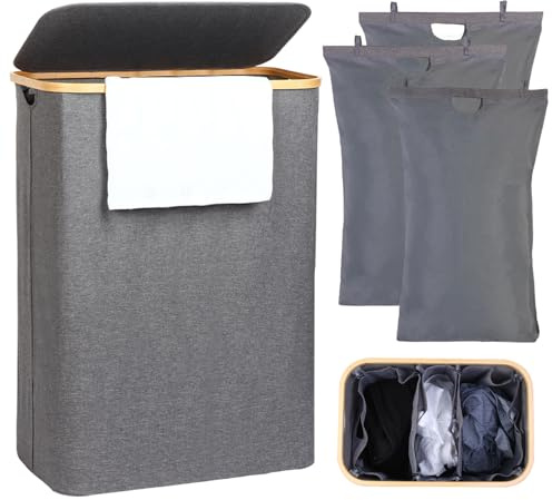 Wäschekorb 3 Fächer mit Deckel Grau, 160L herausnehmbaren Wäschesammler schmal mit Deckel 3 fächer, Wäschebox, Waschekorbsammler Wäschesortierer-pfandflaschen sammelbehälter