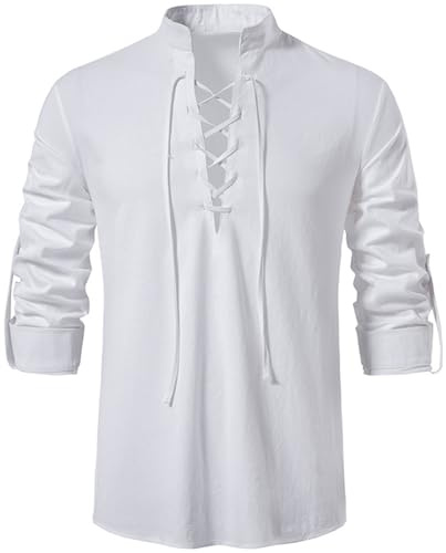 Rodawu Mens Linen Shirts Drawstring Henley Cotton Medieval Tunic Viking Top
