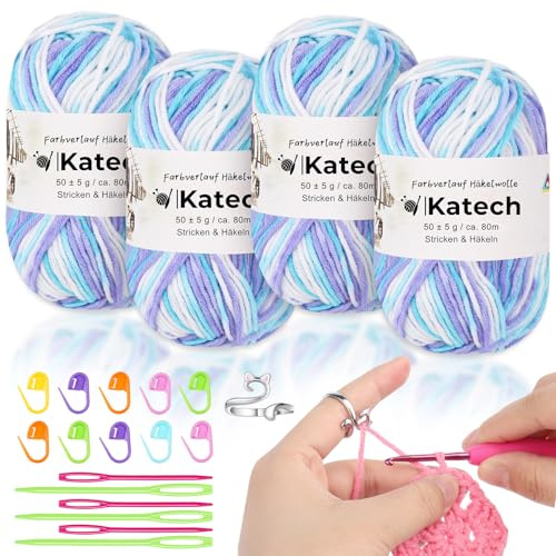 Katech 4x50g(200g) Laine à Tricoter Coloré, 5-Brins Fil Coton pour Crochet Tricot, Laine pour Crochet Doux au Toucher, Pelote de Laine à Tricoter Bonnet/Écharpes/Chaussettes/Layette, Laine Bleu Blanc