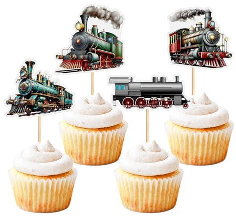 Blumomon 28Pcs Train Cake Decoration Retro Train Cake Topper Cupcake Toppers Train Party Decorations Kids Birthday Baby Shower Party Decorations Supplies