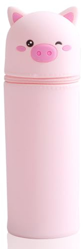 Satiskid Mjukt Kawaii-pennfodral i silikon – 2-i-1 infällbar pennhållare, djurtema, blixtlåsstängning, 6,5 x 19,5 cm, Rosa gris, Kawaii pennfodral