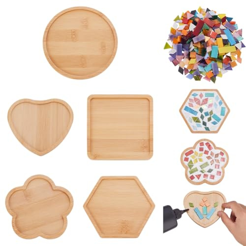 UNICRAFTALE 5 Stück DIY Glasmosaik Basis 5 Stile Mosaik Kits Mit Holzuntersetzer Für Erwachsene Verschiedene Formen Substrate Für Untersetzer Handgefertigte Glasfliesen Für Heimdekoration Geschenke