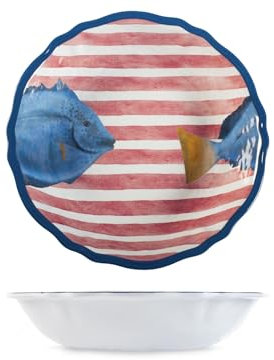 H&H, Insalatiera Marea in Melamina Decorata – Righe Bianche e Rosse, Decoro Pesce e Bordo Blu – Ø35 cm – Lavabile in Lavastoviglie