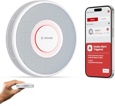 X-Sense Détecteur de Fumée Connecté Wi-FI, Alarme Incendie avec Alertes Vocales en Français, 17 Emplacements, Batterie Remplaçable, Épaisseur 33 mm, XS0B-iR, Lot de 1