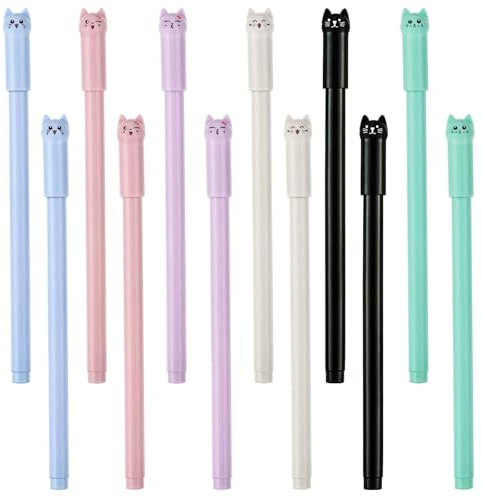 12 st Kawaii kattpennor, 0,5 mm, svart bläck, söta djurgelpennor, katt-stilpennor, kontorsmaterial, fina kulpennor, trevligt roligt för kattälskare, kvinnor, barn och skola