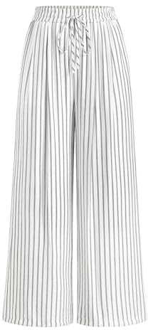 PRETTYGARDEN Floral Print Wide Leg Pants Woman with Pockets High Waist Drawstring Loose Casual Palazzo Lounge Pants Women (Stripe Grey White, Medium)