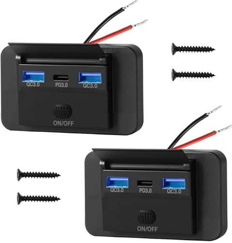 Pack de 2 Panel de Salida USB de 12V 72W Dual QC3.0 USB A y C, Puertos para Coche con Interruptor, Impermeable para 12V/24V Coche, Barco, Camper, Autobús (QC18W, PD36W)