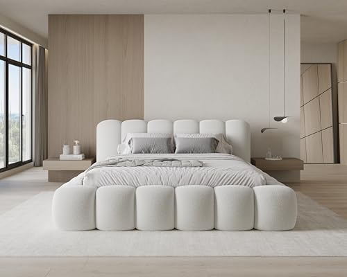 Chilly. Möbel Design Lit Stone 160 x 200 - Lit Coffre Rembourré - 2 Personnes - Revêtement Élégant Tissu Bouclé Blanc