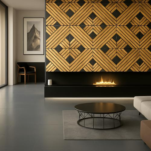 Panneau mural 3D en bois noir 50 x 50 cm - Paroi moderne à lamelles en bois - Revêtement mural et décoration murale pour salon, chambre à coucher et loft - Panneaux en bois élégants avec effet 3D