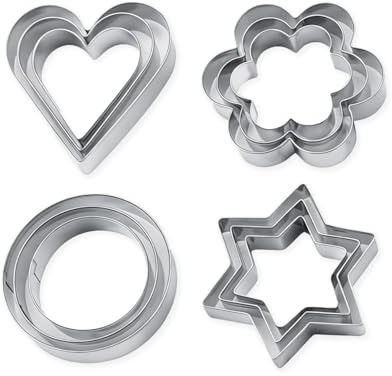 DIPZO Ensemble de 12 Emporte-pièces, Découpeurs en Acier Inoxydable avec Formes Étoile, Cœur, Rond et Fleur pour Pâtisserie, Cuisine, Saint-Valentin & Noël