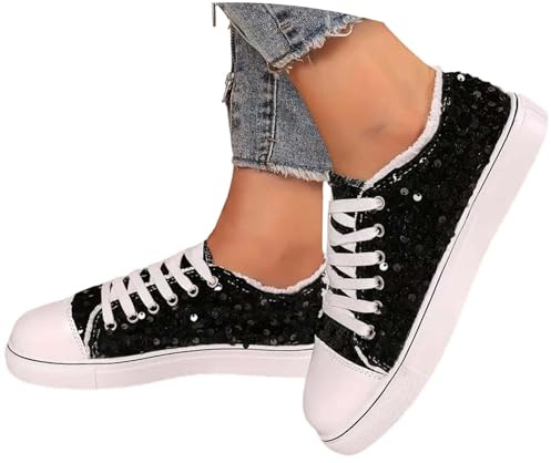Nuqqichongtian Sneaker da donna con glitter – Sneaker da donna con plateau traspirante con lacci, comode e leggere con paillettes metalliche, con strass, scarpe da corsa all'aperto