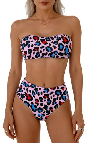 Women's Strapless Bandeau Bikini Set, High-Waisted, Pink Animal Print, S