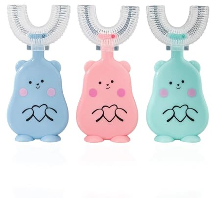 WUMZIRA 3 Pezzi Spazzolino a Forma di U per Bambini 2-12 Anni, Spazzolino Manuale in Silicone Morbido per Pulizia a 360°, Set Igiene Orale per Neonati e Bimbi, Blu, Rosa e Verde