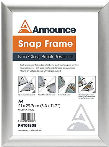 Announce A4 Snap Frame (25mm anodised Aluminium Frame, Wall fixings Included)