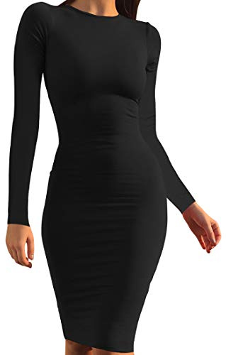 Mokoru Women's Casual Basic Pencil Dress Sexy Long Sleeve Bodycon Midi Club Dress, Small, Black