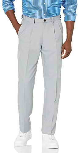 Amazon Essentials Pantalón de Vestir con Pinzas, de Cintura Expansible y Ajuste Clásico Hombre, Gris Claro, 36W / 34L