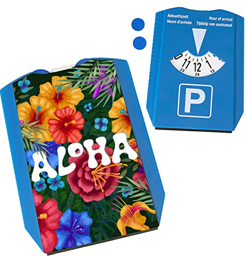 speecheese Blumenmotiv mit Aloha Schriftzug Parkscheibe mit Zwei Einkaufswagenchips Überraschung fürs erste Auto zur bestandenen Führerscheinprüfung auch als Mitbringsel von Einer Reise EIN
