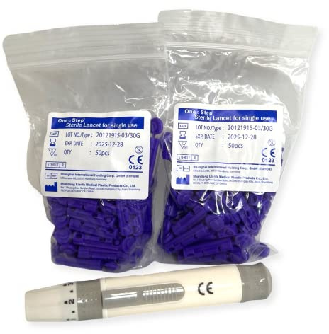 One Step Lancing Device & 100 x 30 Gauge Twist Top Lancets, Blood Sampling Pen, 5 Depth Settings, Gluco Sugar Level Testing, Less Pain and Ejector
