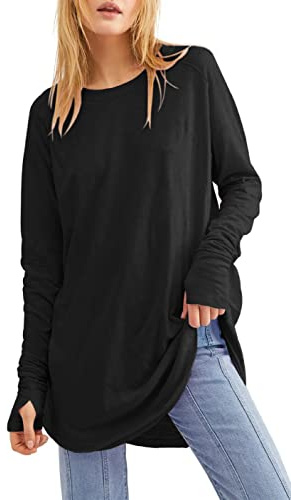 Ebifin Maglietta a Maniche Lunghe da Donna con Fori per i Pollici, Girocollo, Tunica, Felpa a Vestibilità Comoda., Nero , S