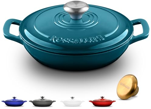ROSSALLINI Signature Enameled Cast Iron Braiser, Non-Stick Serving Pot with Tight Fitting Lid for Perfect Roasting, Baking, Sauteing, Searing, and Pan Frying | 2.25Q (2.1L) - Ocean Blue
