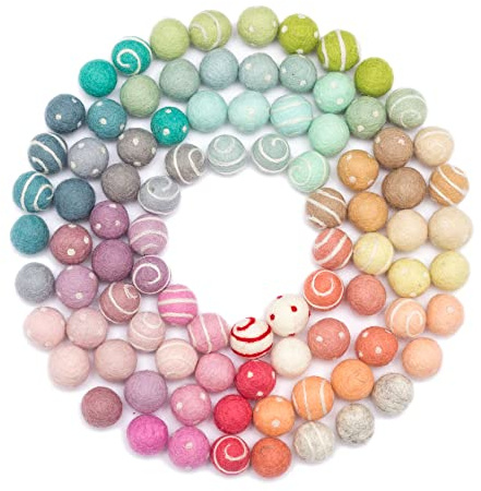 Glaciart One Felt Pom Poms, Wool Felt Balls with Swirls & Dots (90 Pieces) 2 cm – 0.8 Inch, Handmade Felted 30 Color Pastel Bulk Small Puff for Felting and Garland