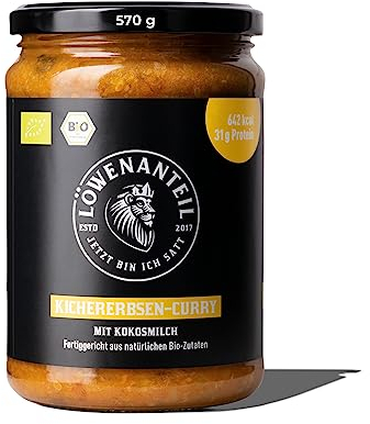 Löwenanteil - 100% Bio-Eintopf KICHERERBSEN CURRY - 570g Glas - Proteinreiches Bio-Fertiggericht mit cremiger Kokosmilch & intensiver Curry-Note - Ohne Zuckerzusatz & Glutenfrei