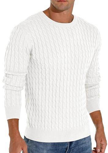 Hisir Pull Câble Tricot Homme Hiver Noel Décontracté Col Rond Chaud Manches Longues Camionneur Pulls Top pour Hommes (Blanc, XL)