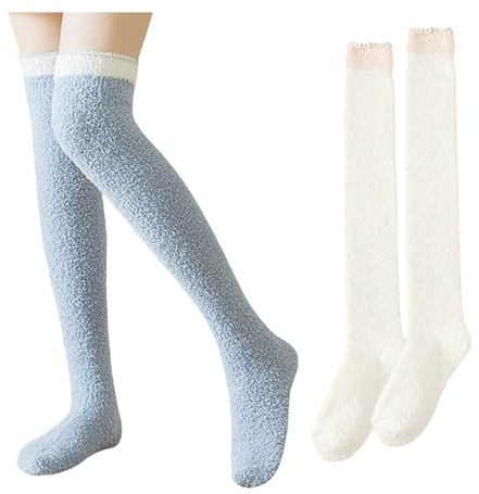 QKURT Calzini Alti Al Ginocchio Soffici, 2 Paia Calzini Alti Alla Coscia In Pile Corallo Caldi E Accoglienti Calzini Lunghi Invernali Sopra Il Ginocchio Scaldamuscoli per Donne Ragazze