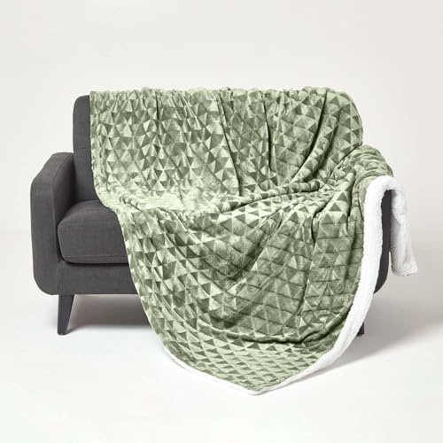 HOMESCAPES Plaid Polaire Ultra Doux Vert Sauge et Revers Sherpa, jeté de canapé ou Dessus de lit, 200X230 cm