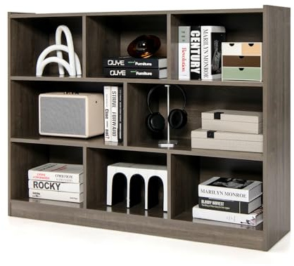 KOMFOTTEU offenes Bücherschrank, Bücherregal 3 Ebene, Standregal Aufbewahrungsschrank mit 8 Würfel, Büroregal Würfelregal Holz, Standschrank Wohnzimmerschrank für Bücher Spielzeug (Dunkelgrau)