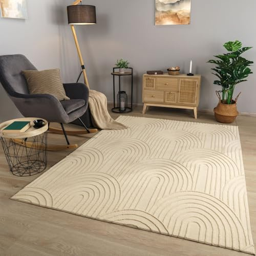 TT Home Wohnzimmer Teppich Esszimmer Kurzflor Geometrische Optik Skandi Boho Unifarben, Farbe:Beige Creme, Größe:80x150 cm