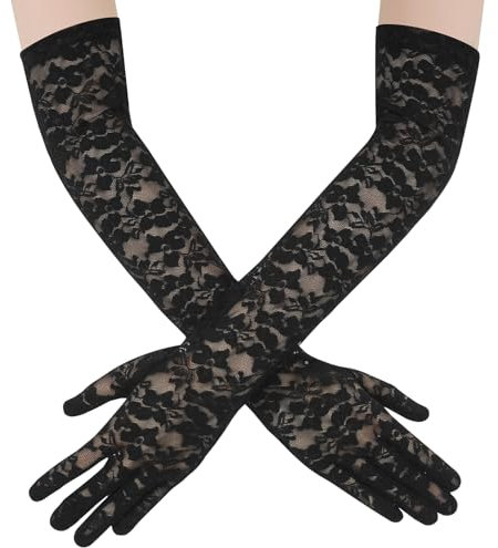 Yolev Lange Spitzenhandschuhe Schwarz Opern Handschuhe für 80er Jahre Damen Teeparty Blumenballhände für Brauthandschuhe Hochzeit Braut Cosplay Halloween Handschuhe der 1920er Jahre