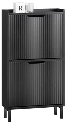 SoBuy Schuhschrank schmal mit 2 Klappen Platzsparender Schuhkipper Hoch Kommode Schuhregal geschlossen Flurschrank für Diele, Flur 50x90x19cm Schwarz FSR177-SCH