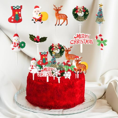 26PCS Christmas Cake Decorations, Includes Santa, Snowman, Christmas Tree, Reindeer, Candy & Xmas Toppers for Party