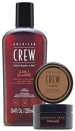 Coffret Duo de Soins American Crew : Shampoing 3 en 1 - Shampoing, Après Shampoing & Gel Douche (250ml) - Parfum Original + Pomade, Cire coiffante (50g)