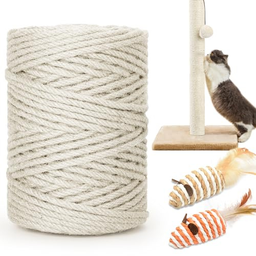 HezzLuv Corda in sisal da 80 m, spessore 6 mm, corda in iuta naturale per tiragraffi, alberi per gatti, progetti fai da te, corda in sisal per tiragraffi con 2 giocattoli per gatti (bianco, 80 m)