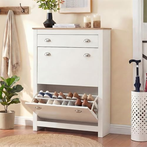 Blisswood Shoe Cabinet with 2 Flip Drawers & 1 Open Storage Drawer, Wooden Shoes Storage Organiser Cupboard Unit, Freestanding Modern Shoes Rack for Entryway Footwear Stand, Hallway Furniture (White)