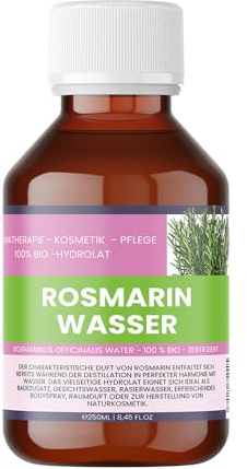Bio Rosmarinwasser - 250ml – 100% Naturrein & Vegan | Rosmarinus Officinalis Water | Haarwasser & Gesichtspflege | Belebend & Erfrischend