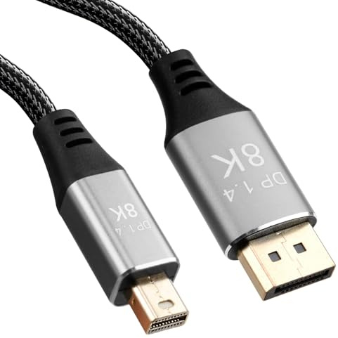 Vakler Câble Mini DisplayPort vers DisplayPort 1.4 de 2M, 8K 60Hz 4K144Hz Câble Adaptateur DP vers DP Thunderbolt 2 avec AMD FreeSync HDR 3D G-SYNC pour iMac Mac OS MacBook Surface Pro PC Moniteur