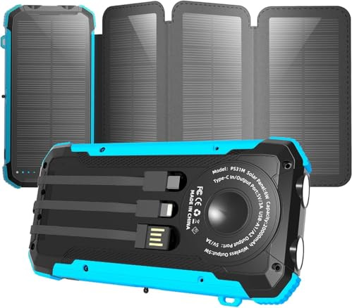 Saraupup Solar Power Bank 20000mAh Portable Charger Built-in 3 Cables and Wireless Charging Battery Pack Compatible for iPhone, IPX5 Waterproof, Bright Flashlight Perfect for Camping, Hiking, Outdoor