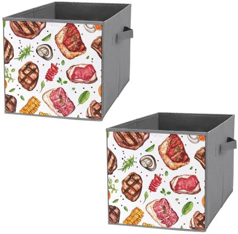 Meat Food And Barbecue Collapsible Storage Cubes Foldable Bins Box Fabric Organizer with Handles 2PCS
