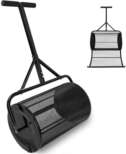 UISEBRT Spargitore per compost prato, nero, con manico, spargisciatore per compost e muschio di torba con cestello in rete, 65 cm di larghezza, per fertilizzanti, semi di torba